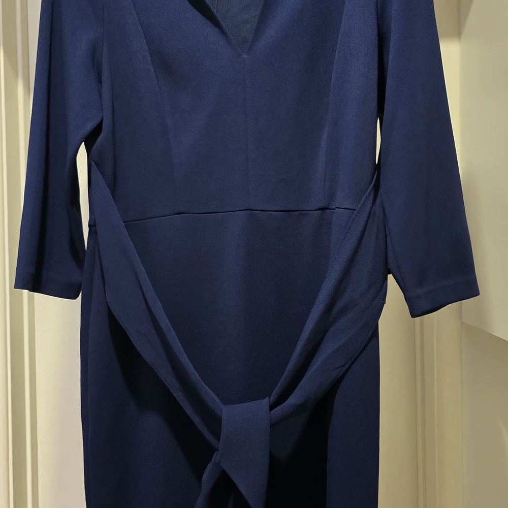 Adrianna Papell Navy, Tie-Waist 3/4 Sleeve, Midi, Sheath Dress Size 14 - Picture 12 of 15